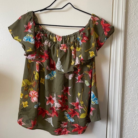 Maeve Anthropologie Floral Print Off The Shoulder Ruffle Top Blouse Olive Green - Picture 4 of 7